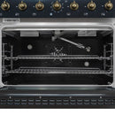 Forno 5-Piece Appliance Package - 36-Inch Dual Fuel Range, Wall Mount Range Hood, 60-Inch Convertible Refrigerator with Modern Trim, Dishwasher, and 30-Inch Microwave Oven in Black with Antique Brass Handle