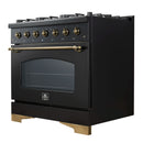 Forno 5-Piece Appliance Package - 36-Inch Gas Range, Wall Mount Range Hood, 60-Inch Convertible Refrigerator with Modern Trim, Dishwasher, and 30-Inch Microwave Drawer in Black with Antique Brass Handle