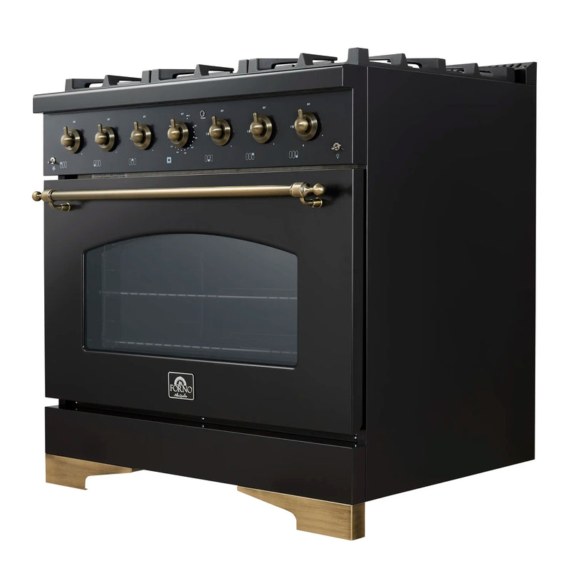 Forno Antico 5-Piece Appliance Package - 36-Inch Dual Fuel Range, 36-Inch Hood, 36-Inch Refrigerator, 24-Inch Dishwasher, & 24-Inch Microwave Drawer in Black with Antique Brass Trim