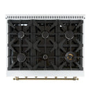 Forno Antico 5-Piece Appliance Package - 36-Inch Dual Fuel Range, 36-Inch Hood, 36-Inch Refrigerator, 24-Inch Dishwasher, & 24-Inch Microwave Drawer in White with Antique Brass Trim