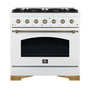 Forno 4-Piece Appliance Package - 36-Inch Gas Range, Wall Mount Range Hood, 60-Inch Refrigerator, Dishwasher in White with Antique Brass Handle