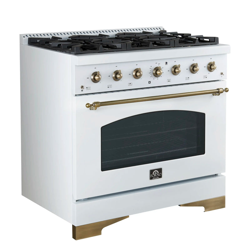 Forno 4-Piece Appliance Package - 36-Inch Antico Dual Fuel Range, Wall Mount Range Hood, 60-Inch Refrigerator, Dishwasher in White with Antique Brass Handle