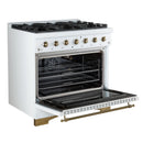 Forno 4-Piece Appliance Package - 36-Inch Antico Gas Range, 60-Inch Refrigerator, Dishwasher, & 24-Inch Microwave Drawer in White with Antique Brass Handle