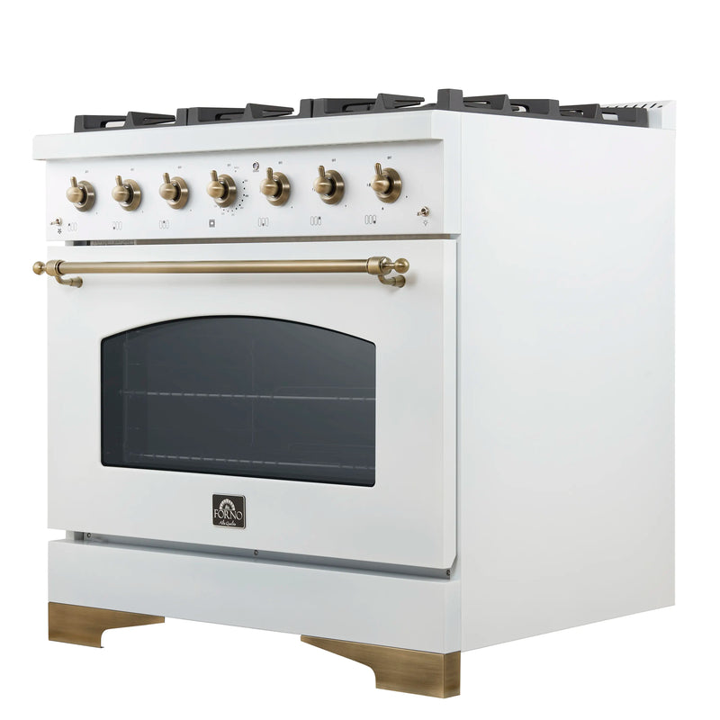 Forno 4-Piece Appliance Package - 36-Inch Antico Dual Fuel Range, Wall Mount Range Hood, 60-Inch Refrigerator, Dishwasher in White with Antique Brass Handle
