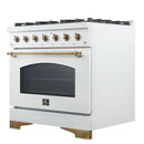 Forno 3-Piece Appliance Package - 36-Inch Dual Fuel Range, 60-Inch Refrigerator, Dishwasher in White with Antique Brass Handle