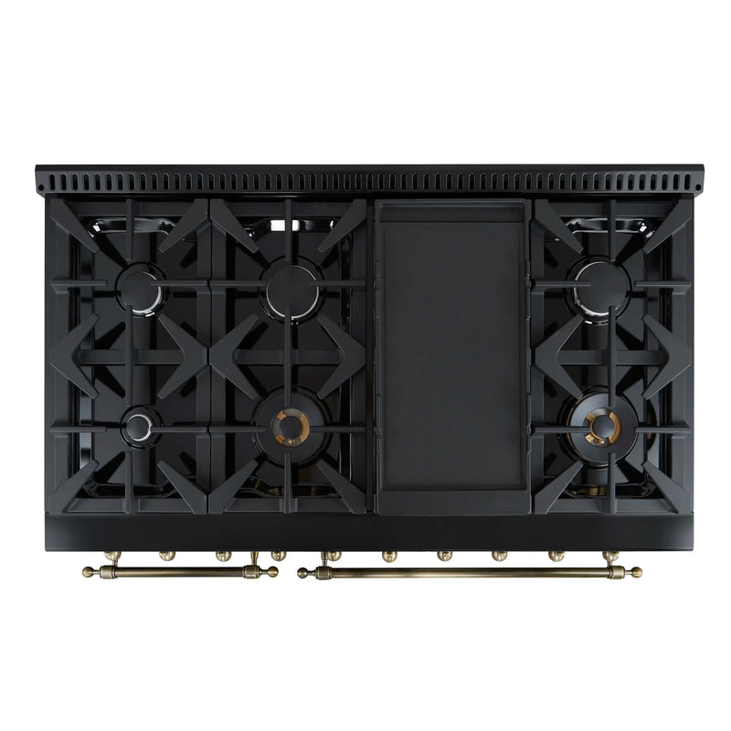 Forno Antico 48-Inch Dual Range with 8 Gas Burner Cooktop and 5.5 Cu.Ft. Electric Convection Oven in Black with Antique Brass Trim (FFSGS6113-48BLK)