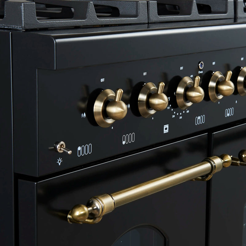 Forno Antico 48-Inch Dual Range with 8 Gas Burner Cooktop and 5.5 Cu.Ft. Electric Convection Oven in Black with Antique Brass Trim (FFSGS6113-48BLK)