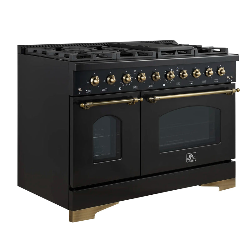Forno Antico 48-Inch Dual Range with 8 Gas Burner Cooktop and 5.5 Cu.Ft. Electric Convection Oven in Black with Antique Brass Trim (FFSGS6113-48BLK)