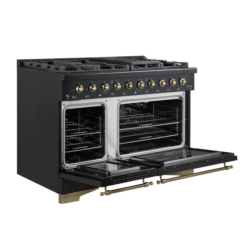 Forno Antico 48-Inch Dual Range with 8 Gas Burner Cooktop and 5.5 Cu.Ft. Electric Convection Oven in Black with Antique Brass Trim (FFSGS6113-48BLK)