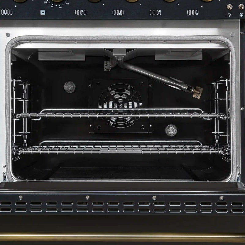 Forno Antico 48-Inch Dual Range with 8 Gas Burner Cooktop and 5.5 Cu.Ft. Electric Convection Oven in Black with Antique Brass Trim (FFSGS6113-48BLK)