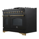 Forno 5-Piece Appliance Package - 48-Inch Dual Fuel Range, 60-Inch Convertible Refrigerator with Modern Trim, Dishwasher, and 30-Inch Microwave Oven in Black with Antique Brass Handle