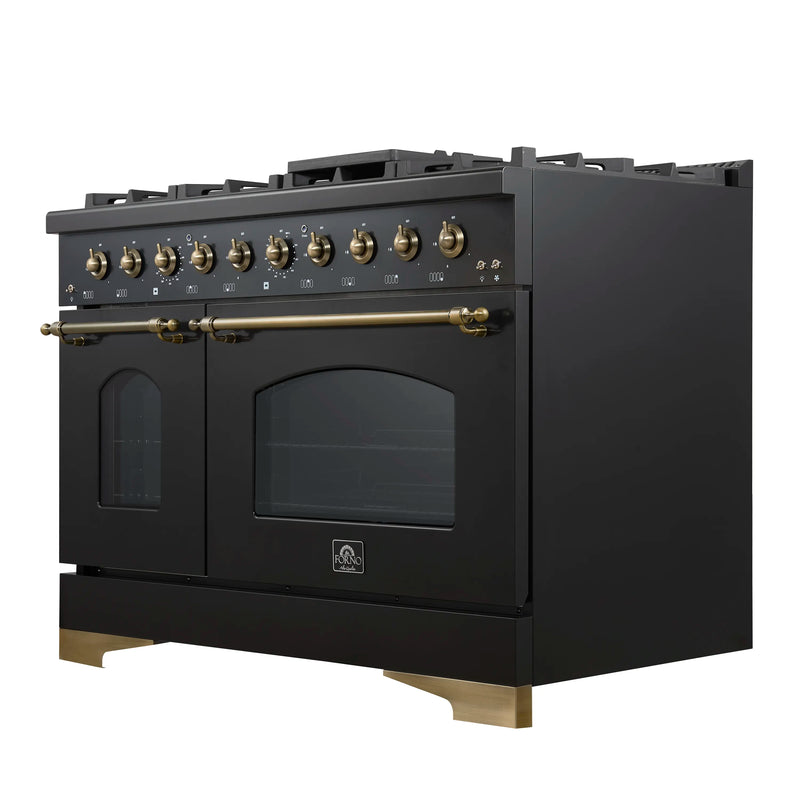 Forno Antico 48-Inch Dual Range with 8 Gas Burner Cooktop and 5.5 Cu.Ft. Electric Convection Oven in Black with Antique Brass Trim (FFSGS6113-48BLK)
