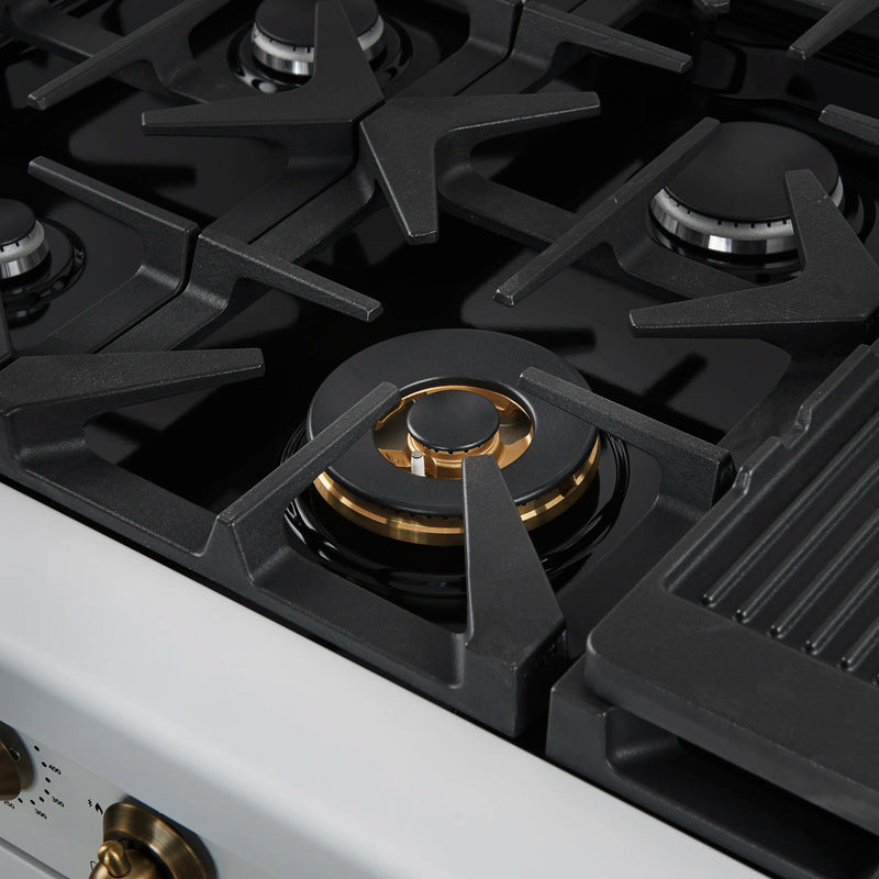 Forno 4-Piece Appliance Package - 48-Inch Antico Dual Fuel Range, 60-Inch Refrigerator, Dishwasher, & 24-Inch Microwave Drawer in White with Antique Brass Handle