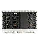 Forno 4-Piece Appliance Package - 48-Inch Dual Fuel Range, 60-Inch Refrigerator, Dishwasher, & 24-Inch Microwave Oven in White with Antique Brass Handle