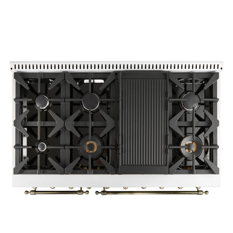 Forno Antico 2-Piece Appliance Package - 48-Inch Dual Fuel Range & 48-Inch Wall Mount Range Hood in White with Antique Brass Trim