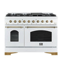 Forno 5-Piece Appliance Package - 48-Inch Gas Range, Wall Mount Range Hood, 60-Inch Refrigerator, Dishwasher, & 24-Inch Microwave Drawer in White with Antique Brass Handle