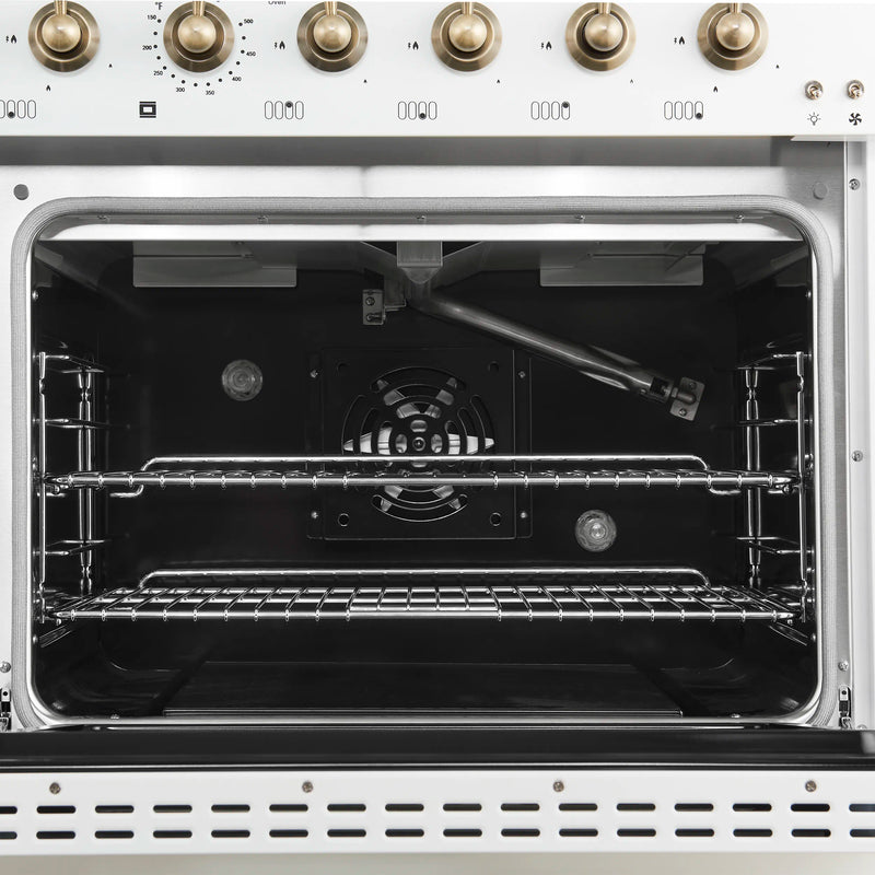 Forno Antico 48-inch Dual Fuel Range with 8 Gas Burner Cooktop and 5.5 Cu.Ft. Electric Convection Oven in White with Antique Brass Trim (FFSGS6113-48WHT)
