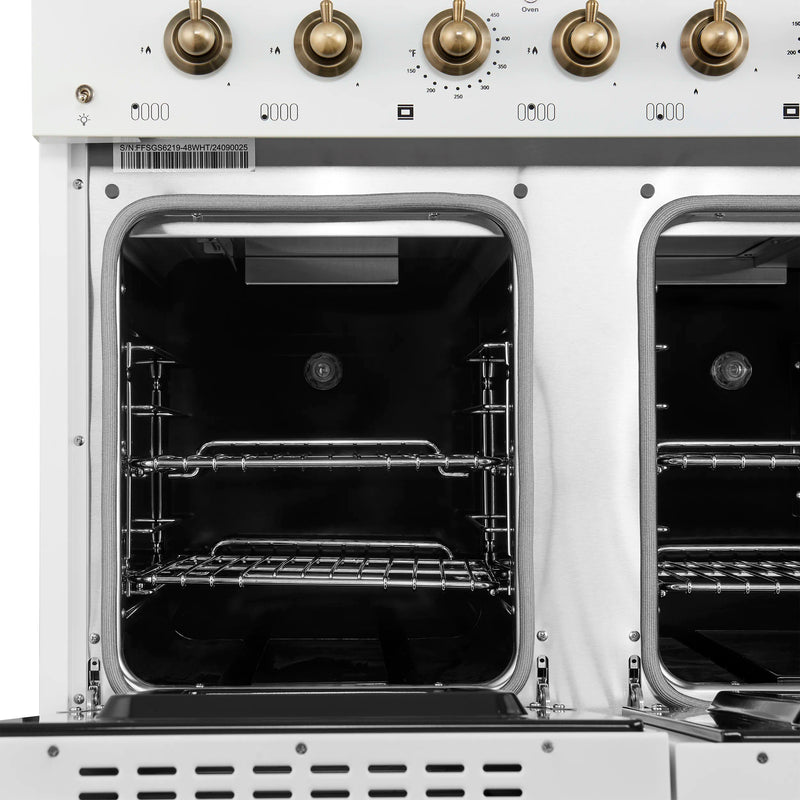 Forno Antico 48-inch Dual Fuel Range with 8 Gas Burner Cooktop and 5.5 Cu.Ft. Electric Convection Oven in White with Antique Brass Trim (FFSGS6113-48WHT)