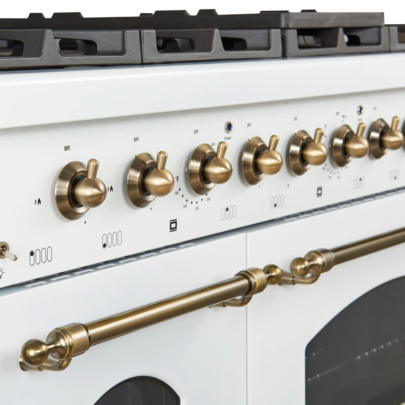 Forno Antico 48-inch Dual Fuel Range with 8 Gas Burner Cooktop and 5.5 Cu.Ft. Electric Convection Oven in White with Antique Brass Trim (FFSGS6113-48WHT)