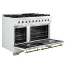 Forno Antico 5-Piece Appliance Package - 48-Inch Gas Range, 48-Inch Hood, 36-Inch Refrigerator, 24-Inch Dishwasher, & 24-Inch Microwave Oven in White with Antique Brass Trim