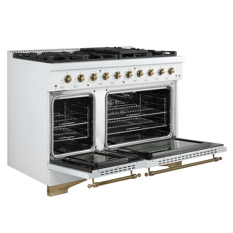 Forno 3-Piece Appliance Package - 48-Inch Antico Dual Fuel Range, 60-Inch Refrigerator, Dishwasher in White with Antique Brass Handle
