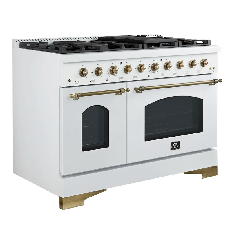 Forno 5-Piece Appliance Package - 48-Inch Antico Dual Fuel Range, Wall Mount Range Hood, 60-Inch Refrigerator, Dishwasher, & 30-Inch Microwave Oven in White with Antique Brass Handle