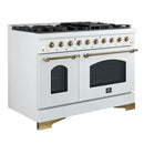 Forno 4-Piece Appliance Package - 48-Inch Dual Fuel Range, 60-Inch Refrigerator, Dishwasher, & 24-Inch Microwave Drawer in White with Antique Brass Handle