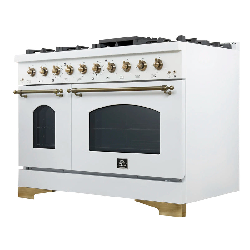 Forno Antico 48-inch Dual Fuel Range with 8 Gas Burner Cooktop and 5.5 Cu.Ft. Electric Convection Oven in White with Antique Brass Trim (FFSGS6113-48WHT)