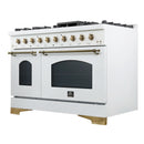 Forno 4-Piece Appliance Package - 48-Inch Dual Fuel Range, Wall Mount Range Hood, 60-Inch Refrigerator, Dishwasher in White with Antique Brass Handle