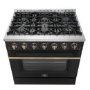 Forno Galiano 2-Piece Appliance Package - 36-Inch Gas Range & 36-Inch Wall Mount Range Hood in Black with Antique Brass Trim