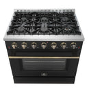 Forno 4-Piece Appliance Package - 36-Inch Gasl Fuel Range, Wall Mount Range Hood, 60-Inch Built-In Convertible Refrigerator, and Dishwasher in Black with Antique Brass Handle