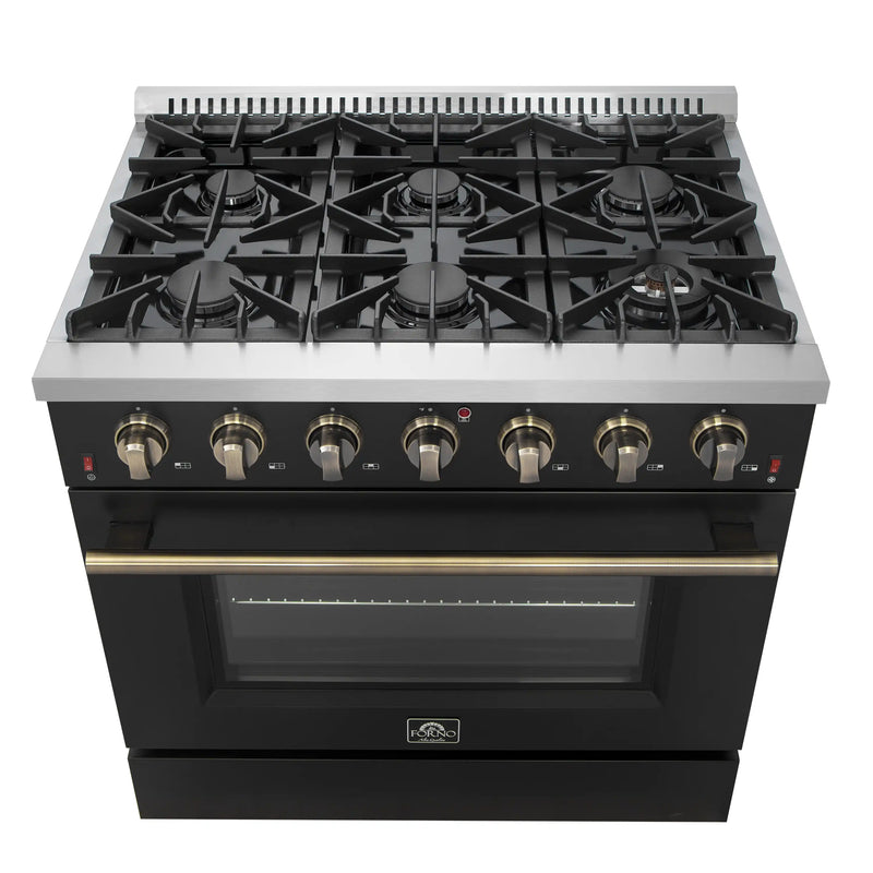 Forno 4-Piece Appliance Package - 36-Inch Gasl Fuel Range, Wall Mount Range Hood, 60-Inch Built-In Convertible Refrigerator, and Dishwasher in Black with Antique Brass Handle