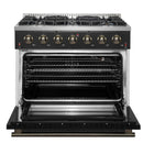 Forno 4-Piece Appliance Package - 36-Inch Gasl Fuel Range, Wall Mount Range Hood, 60-Inch Built-In Convertible Refrigerator, and Dishwasher in Black with Antique Brass Handle