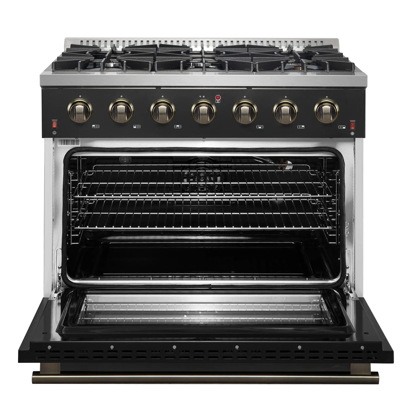 Forno 4-Piece Appliance Package - 36-Inch Gasl Fuel Range, Wall Mount Range Hood, 60-Inch Built-In Convertible Refrigerator, and Dishwasher in Black with Antique Brass Handle