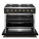 Forno Galiano 5-Piece Appliance Package - 36-Inch Gas Range, 36-Inch Hood, 36-Inch Refrigerator, 24-Inch Dishwasher, & 24-Inch Microwave Drawer in Black with Antique Brass Trim