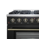 Forno Galiano 5-Piece Appliance Package - 36-Inch Gas Range, 36-Inch Hood, 36-Inch Refrigerator, 24-Inch Dishwasher, & 30-Inch Microwave Oven in Black with Antique Brass Trim