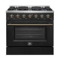 Forno Galiano 36-Inch Gas Range with 6 Burners and 5.36 Cu.Ft. Convection Oven in Black with Antique Brass Trim (FFSGS6244-36BLK)