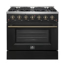 Forno 4-Piece Appliance Package - 36-Inch Gas Range, 60-Inch Convertible Refrigerator with Modern Trim, Dishwasher, and 30-Inch Microwave Oven in Black with Antique Brass Handle