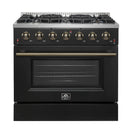 Forno Galiano 3-Piece Appliance Package - 36-Inch Gas Range, 36-Inch Refrigerator, & 24-Inch Dishwasher in Black with Antique Brass Trim