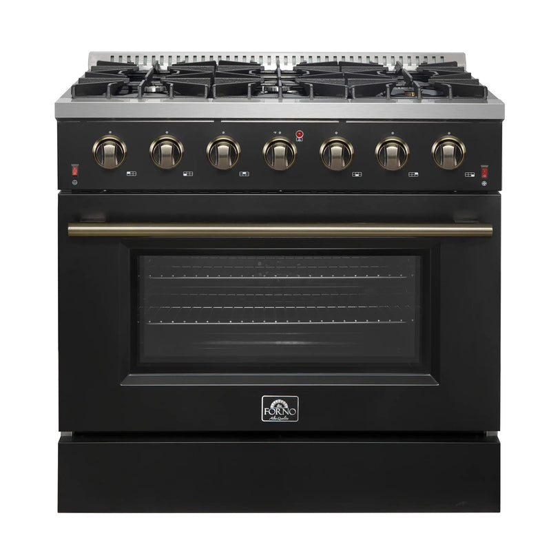 Forno 4-Piece Appliance Package - 36-Inch Gasl Fuel Range, Wall Mount Range Hood, 60-Inch Built-In Convertible Refrigerator, and Dishwasher in Black with Antique Brass Handle