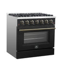 Forno Galiano 5-Piece Appliance Package - 36-Inch Gas Range, 36-Inch Hood, 36-Inch Refrigerator, 24-Inch Dishwasher, & 24-Inch Microwave Oven in Black with Antique Brass Trim