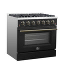 Forno Galiano 5-Piece Appliance Package - 36-Inch Gas Range, 36-Inch Hood, 36-Inch Refrigerator, 24-Inch Dishwasher, & 30-Inch Microwave Oven in Black with Antique Brass Trim