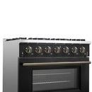 Forno Galiano 5-Piece Appliance Package - 36-Inch Gas Range, 36-Inch Hood, 36-Inch Refrigerator, 24-Inch Dishwasher, & 30-Inch Microwave Oven in Black with Antique Brass Trim