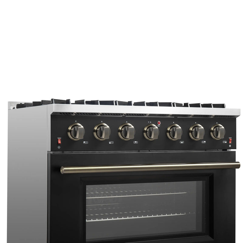 Forno Galiano 36-Inch Gas Range with 6 Burners and 5.36 Cu.Ft. Convection Oven in Black with Antique Brass Trim (FFSGS6244-36BLK)