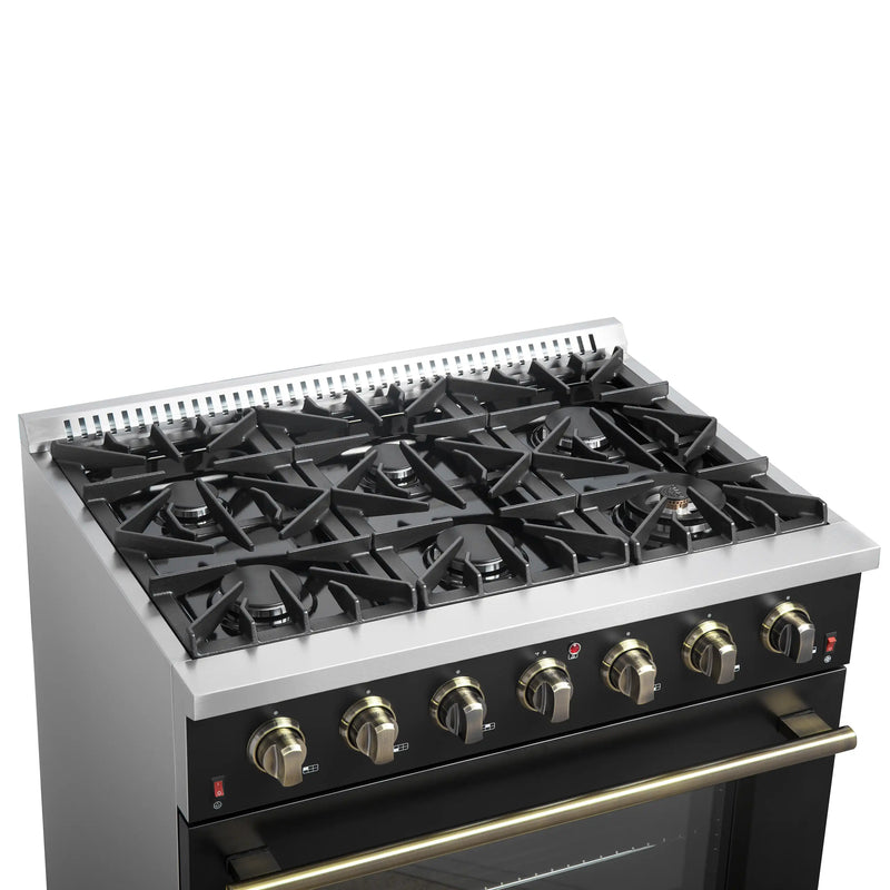 Forno 4-Piece Appliance Package - 36-Inch Gasl Fuel Range, Wall Mount Range Hood, 60-Inch Built-In Convertible Refrigerator, and Dishwasher in Black with Antique Brass Handle