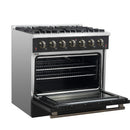 Forno 4-Piece Appliance Package - 36-Inch Gas Range, 60-Inch Convertible Refrigerator with Modern Trim, Dishwasher, and 24-Inch Microwave Drawer in Black with Antique Brass Handle