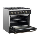 Forno Galiano 5-Piece Appliance Package - 36-Inch Gas Range, 36-Inch Hood, 36-Inch Refrigerator, 24-Inch Dishwasher, & 24-Inch Microwave Oven in Black with Antique Brass Trim