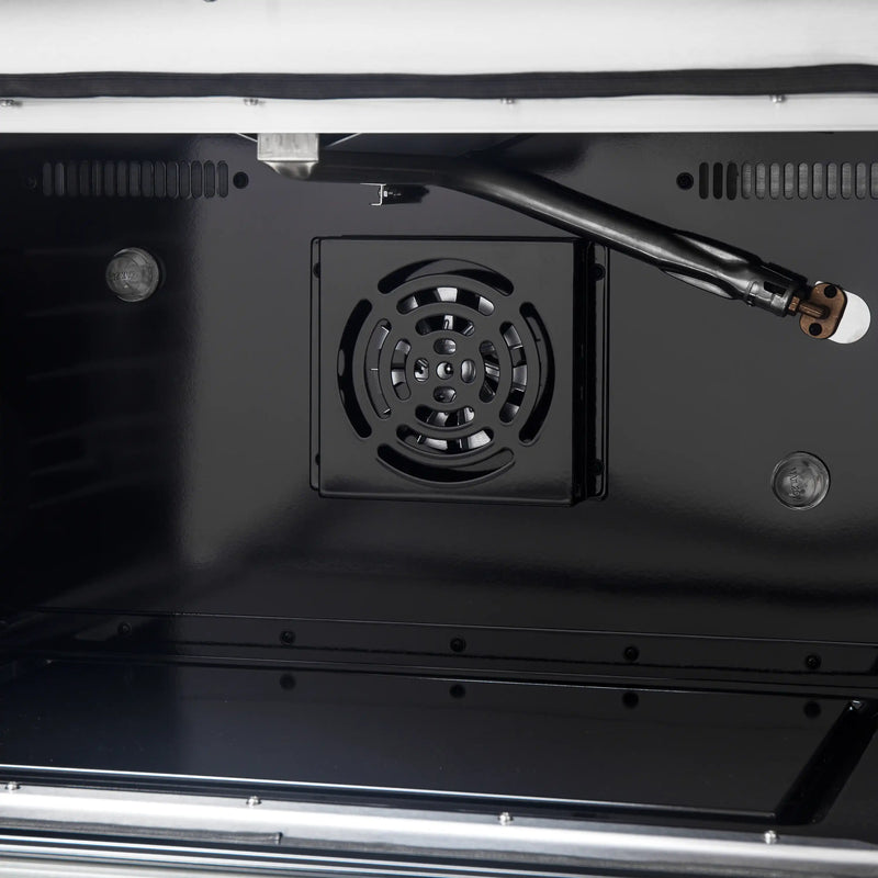 Forno Galiano 5-Piece Appliance Package - 36-Inch Gas Range, 36-Inch Hood, 36-Inch Refrigerator, 24-Inch Dishwasher, & 30-Inch Microwave Drawer in Black with Antique Brass Trim