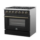 Forno Galiano 4-Piece Appliance Package - 36-Inch Gas Range, 36-Inch Hood, 36-Inch Refrigerator, & 24-Inch Dishwasher in Black with Antique Brass Trim