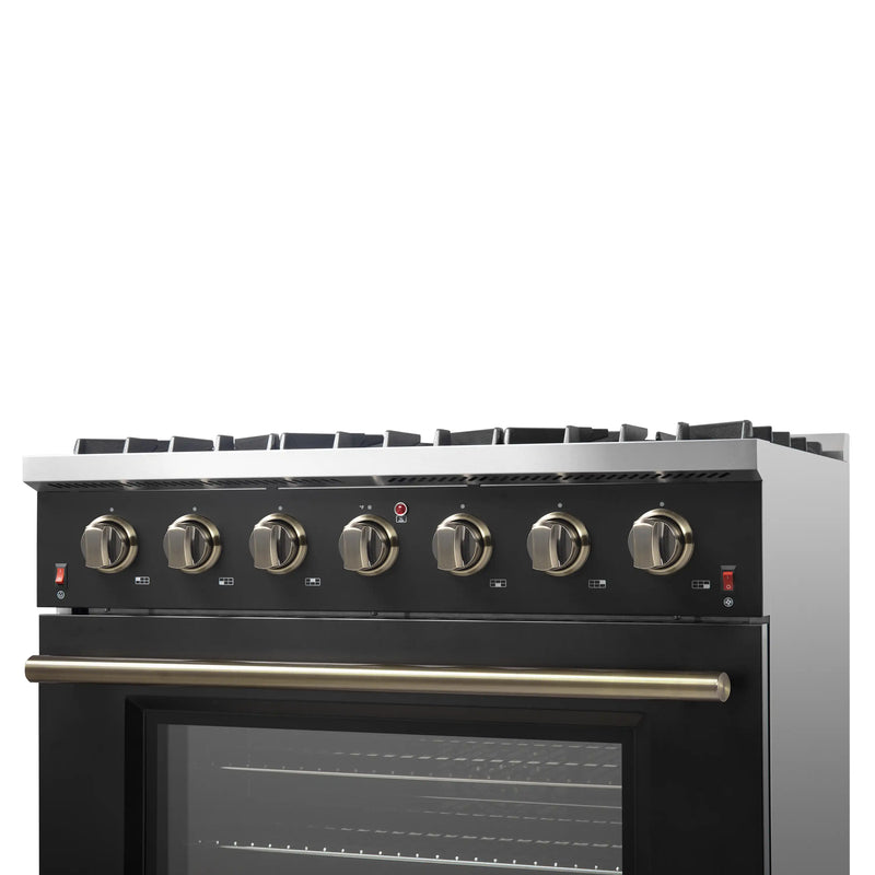 Forno 4-Piece Appliance Package - 36-Inch Gasl Fuel Range, Wall Mount Range Hood, 60-Inch Built-In Convertible Refrigerator, and Dishwasher in Black with Antique Brass Handle